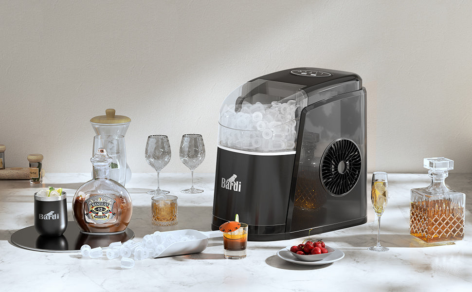 Bardi Deluxe IJsblokjesmachine 1,6L zwart - Zelfreinigingsfunctie - ijsblokmaker met ijsschep - Incl. luxe thermosbeker en ijsschep