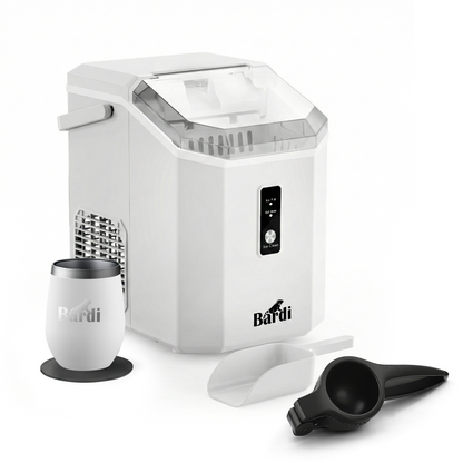 Bardi 1.1L - Nugget IJsblokjesmachine Square - Crushed Ice Maker met IJsschep - 15kg/24 uur - Ijsblokjesmaker - Met Luxe Thermosbeker - WIT met citruspers Zwart