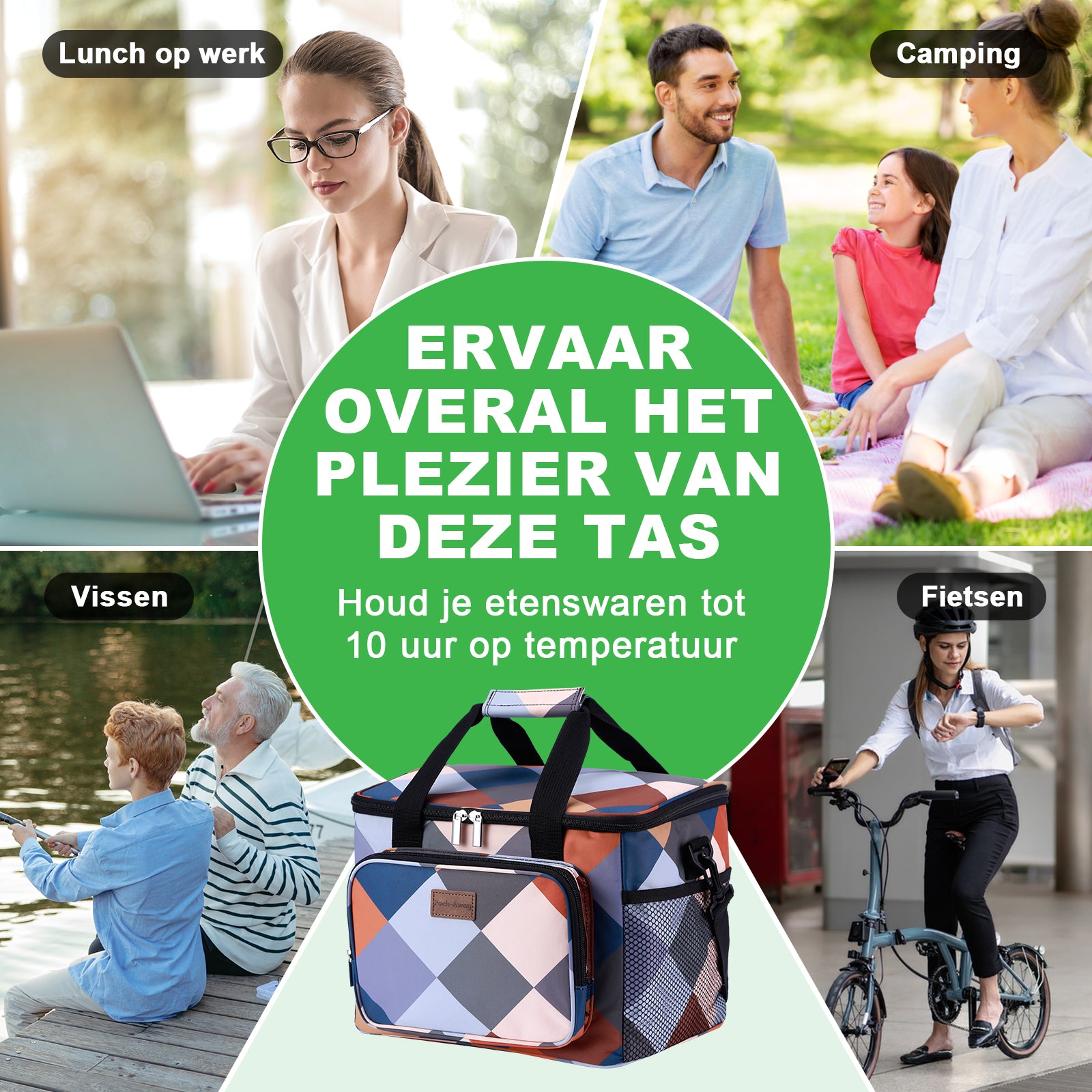 Koeltas 15L blok - lunchtas - 4-laags geïsoleerd - opvouwbaar - incl. 2 gratis koelelementen en draagband