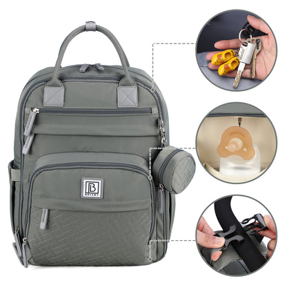 Brisby Premium Luiertas – Uitgebreide en Functionele Verzorgingstas – met buggymontage – Anti Diefstal Vakken - Reistrolley Sleeve - Inclusief verschoonmatje t.w.v.15,99 euro en speenhouder - Levenslange Garantie - Misty Green