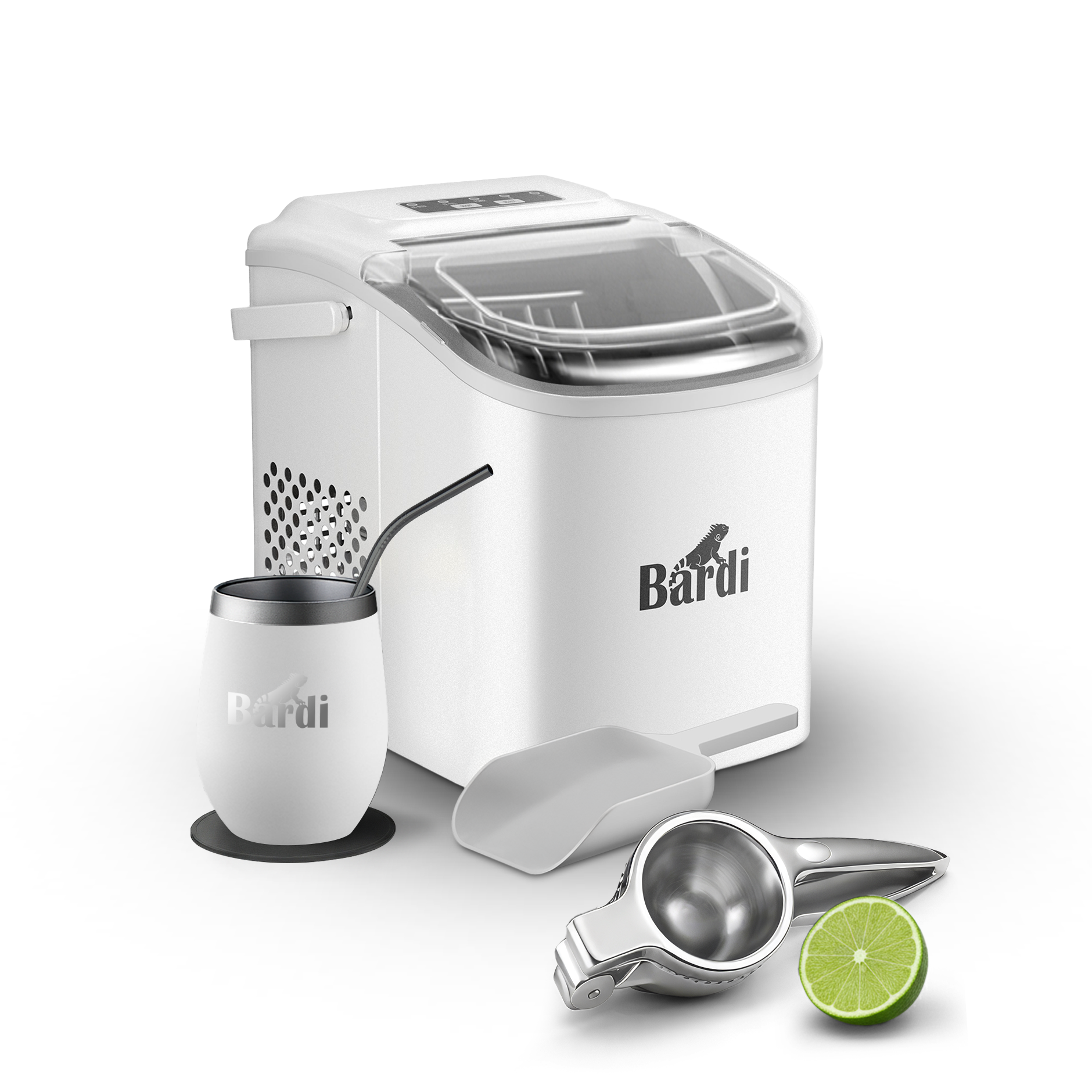 Bardi Deluxe IJsblokjesmachine Set 1,2 Liter - 12KG IJsblokjes in 24 uur - met IJsschep - Met een luxe thermosbeker - Wit  - Citruspers RVS