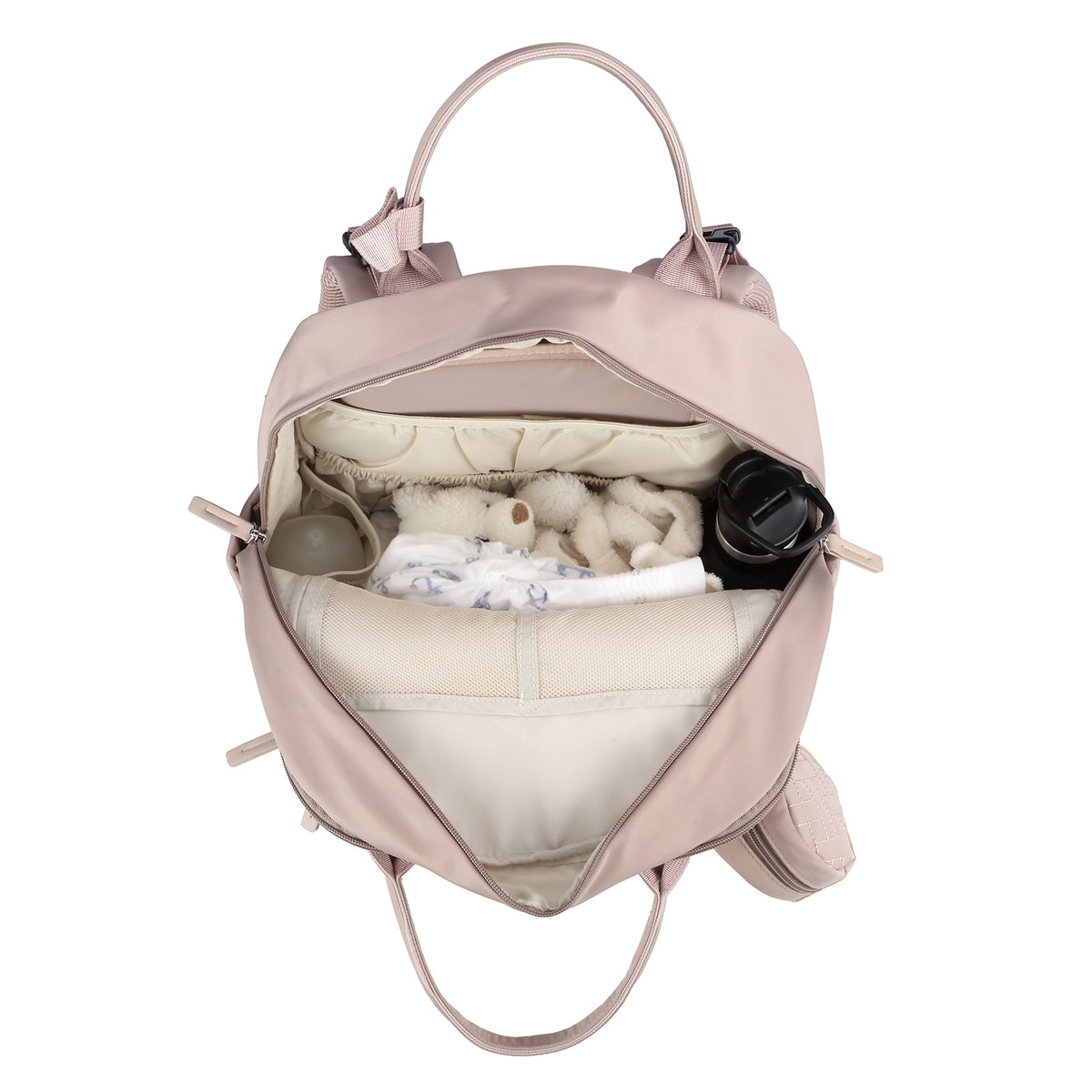 Brisby Premium Luiertas – Uitgebreide en Functionele Verzorgingstas – met buggymontage – Anti Diefstal Vakken - Reistrolley Sleeve - Inclusief verschoonmatje t.w.v.15,99 euro en speenhouder - Levenslange Garantie - Muted Rosé