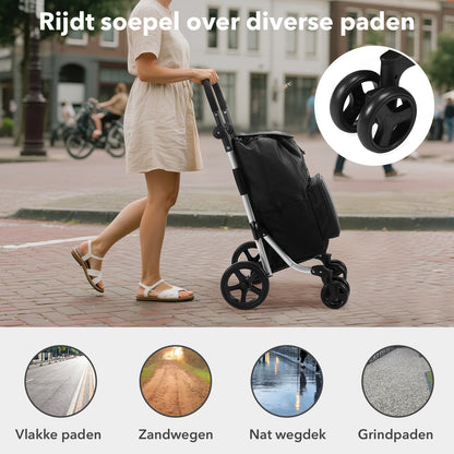 Boodschappentrolley deluxe 60L zwart - koelvak - boodschappenwagen - steekwagenfunctie - verstelbaar handvat