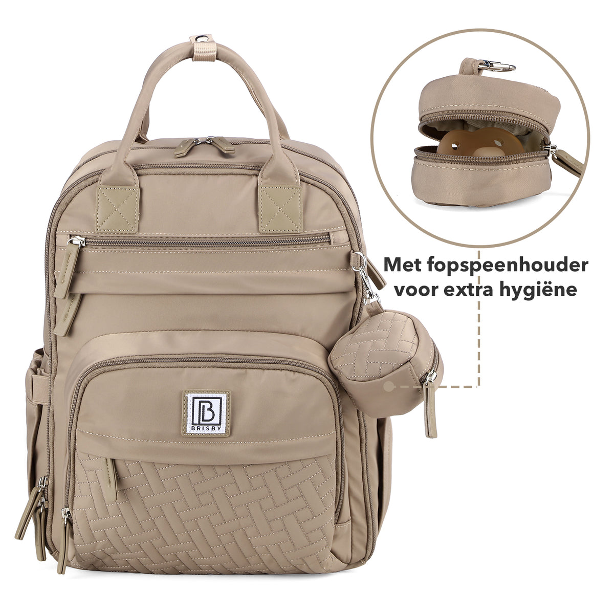 Brisby Premium Luiertas – Uitgebreide en Functionele Verzorgingstas – met buggymontage – Anti Diefstal Vakken - Reistrolley Sleeve - Inclusief verschoonmatje t.w.v.15,99 euro en speenhouder - Levenslange Garantie - Natural Greige
