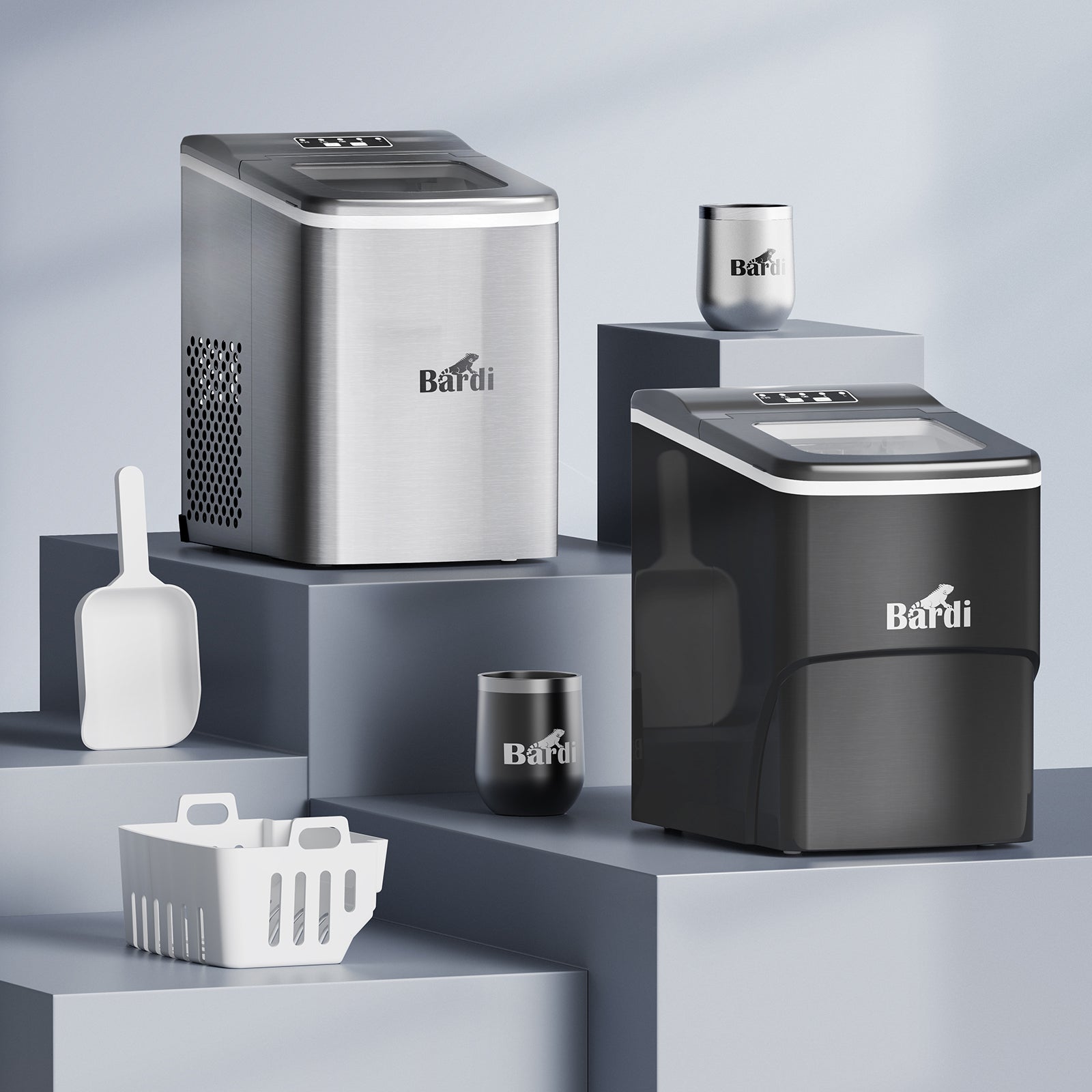 Bardi Deluxe Ice Cube Machine 2L black - Self-cleaning function - ice cube maker with ice scoop - Incl. luxury thermos cup and ice scoop