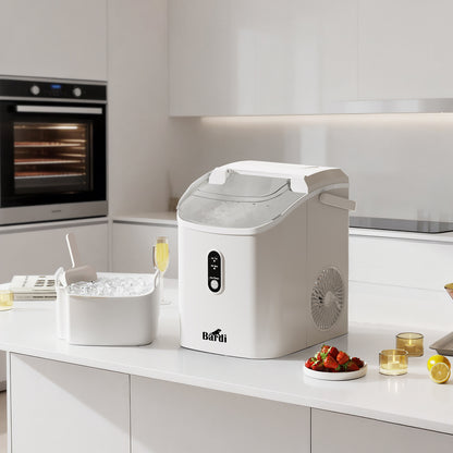 Bardi 1.1L - Nugget IJsblokjesmachine Rond - Crushed Ice Maker met IJsschep - 15kg/24 uur - Ijsblokjesmaker - Met Lux Thermosbeker - WIT  - Citruspers Zwart