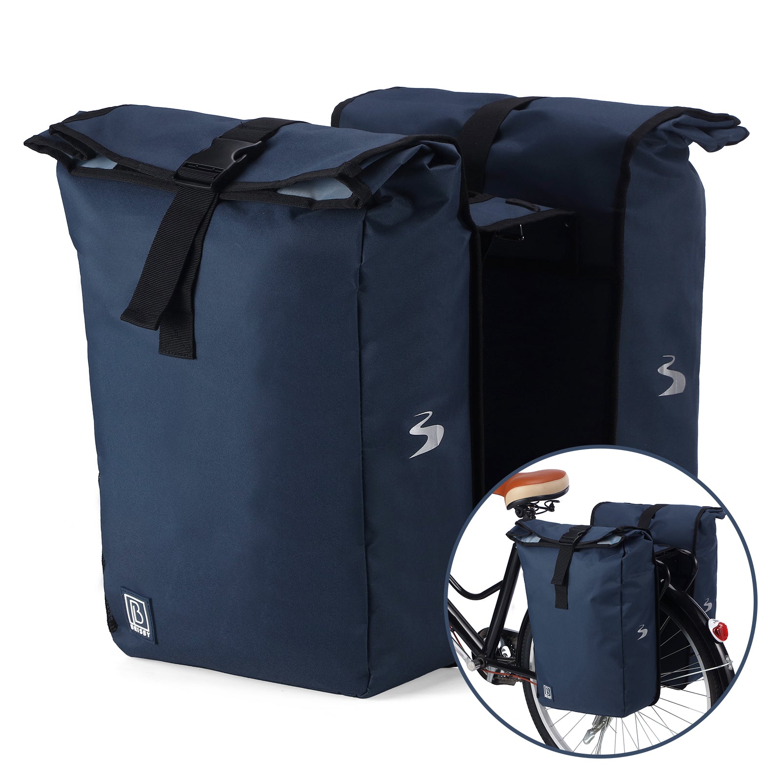 Brisby Dubbele Fietstas Rolltop Zwart 39-48L Waterdicht Geschikt voor Elektrische Fietsen & E-Bike - Blauw