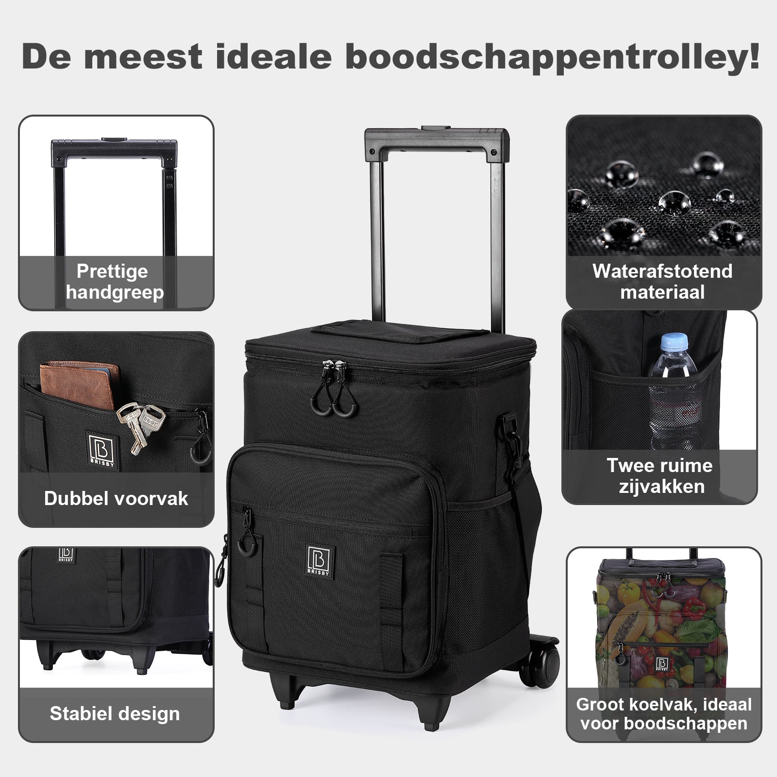 Brisby Boodschappentrolley met Koelvak – 32L Ruimte – Ideaal voor Boodschappen – Inclusief Koelelementen – Waterafstotend – Verstelbaar Handvat – Zwart