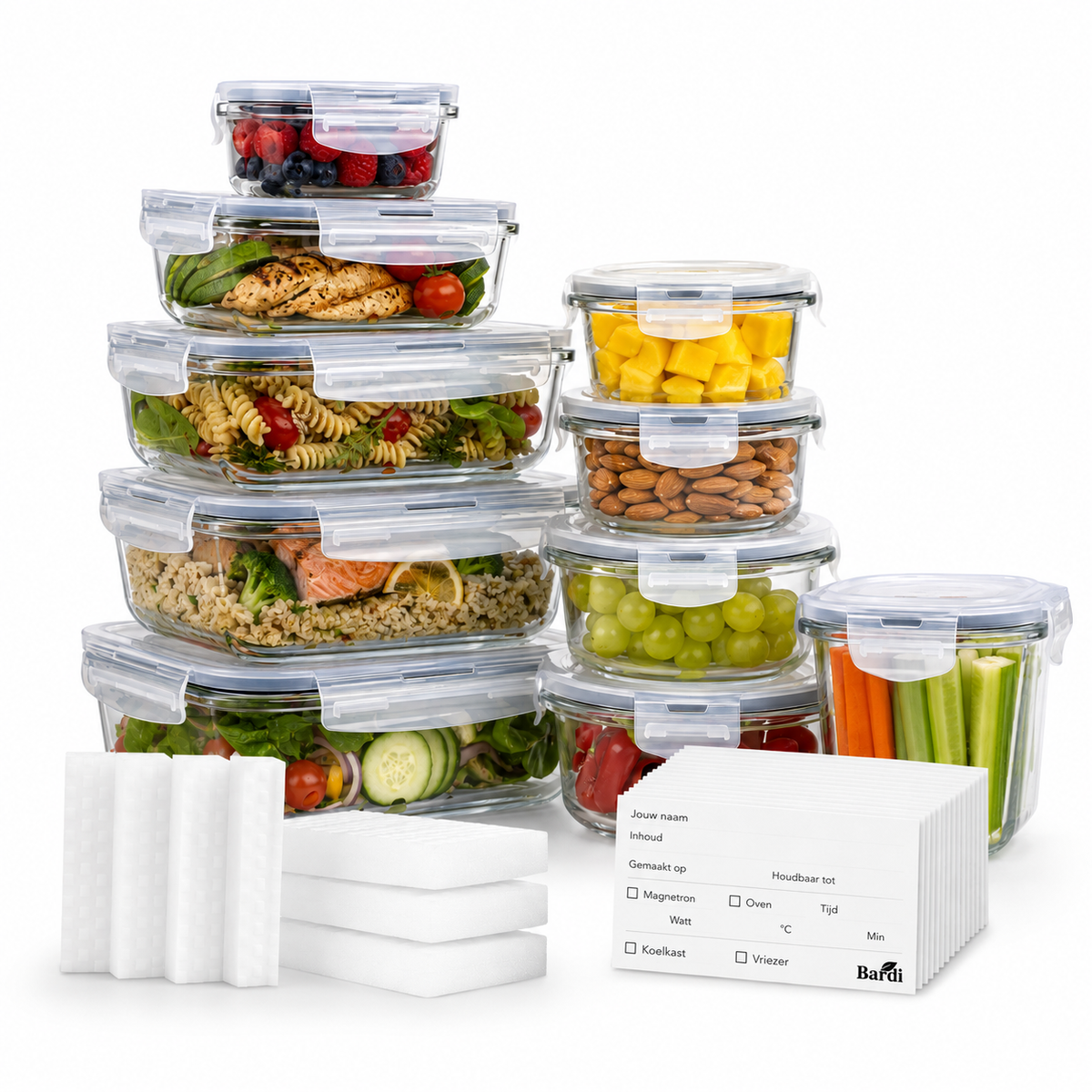 Bardi Glazen Vershoudbakjes 9-delig – Meal Prep Bakjes – Luchtdicht & Lekvrij – Oven, Magnetron & Vriezer – 9 Wonderspons + 40 Prep & Store Labels