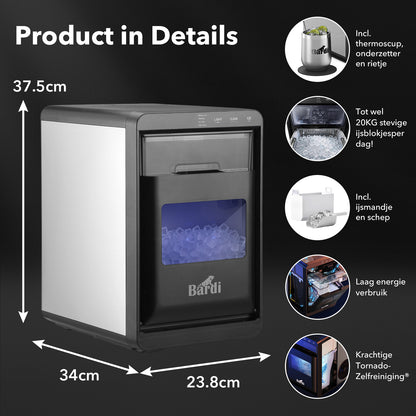 Bardi 1,8L Deluxe Ijsblokjesmachine Zwart - Crushed ICE machine - Nugget IJsblokjesmachine - LED Verlichting - 20Kg/24 uur. inclusief Thermosbeker - RVS/ZWART met citruspers ZWART