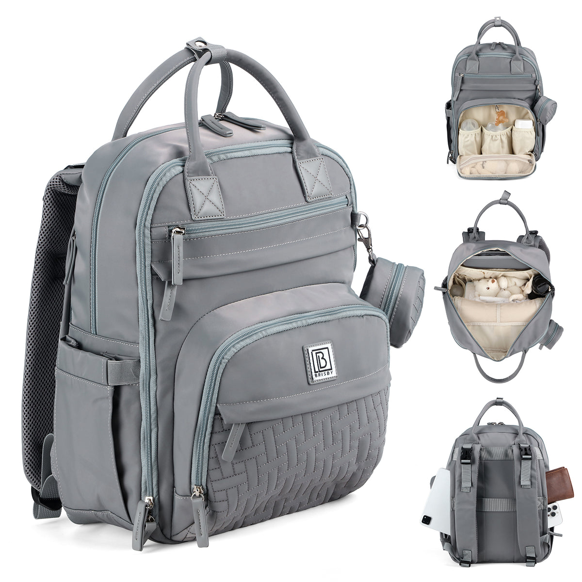 Brisby Premium Luiertas – Uitgebreide en Functionele Verzorgingstas – met buggymontage – Anti Diefstal Vakken - Reistrolley Sleeve - Inclusief verschoonmatje t.w.v.15,99 euro en speenhouder - Levenslange Garantie - Misty Grey