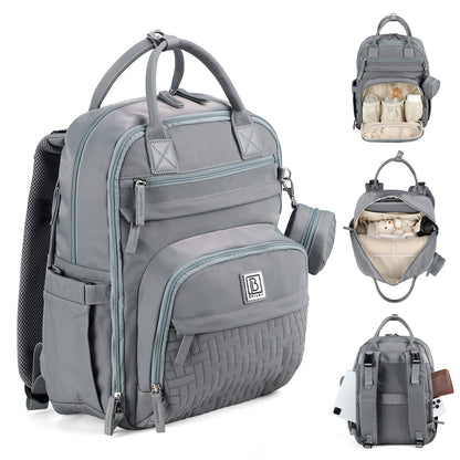 Brisby Premium Luiertas – Uitgebreide en Functionele Verzorgingstas – met buggymontage – Anti Diefstal Vakken - Reistrolley Sleeve - Inclusief verschoonmatje t.w.v.15,99 euro en speenhouder - Levenslange Garantie - Misty Grey
