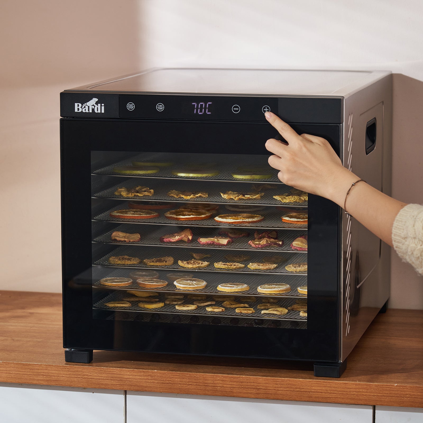 Bardi Voedseldroger 10-laags 1000W RVS - 24-uurs timer - led-bedieningspaneel - incl. 10 inlegvellen en voedseltang