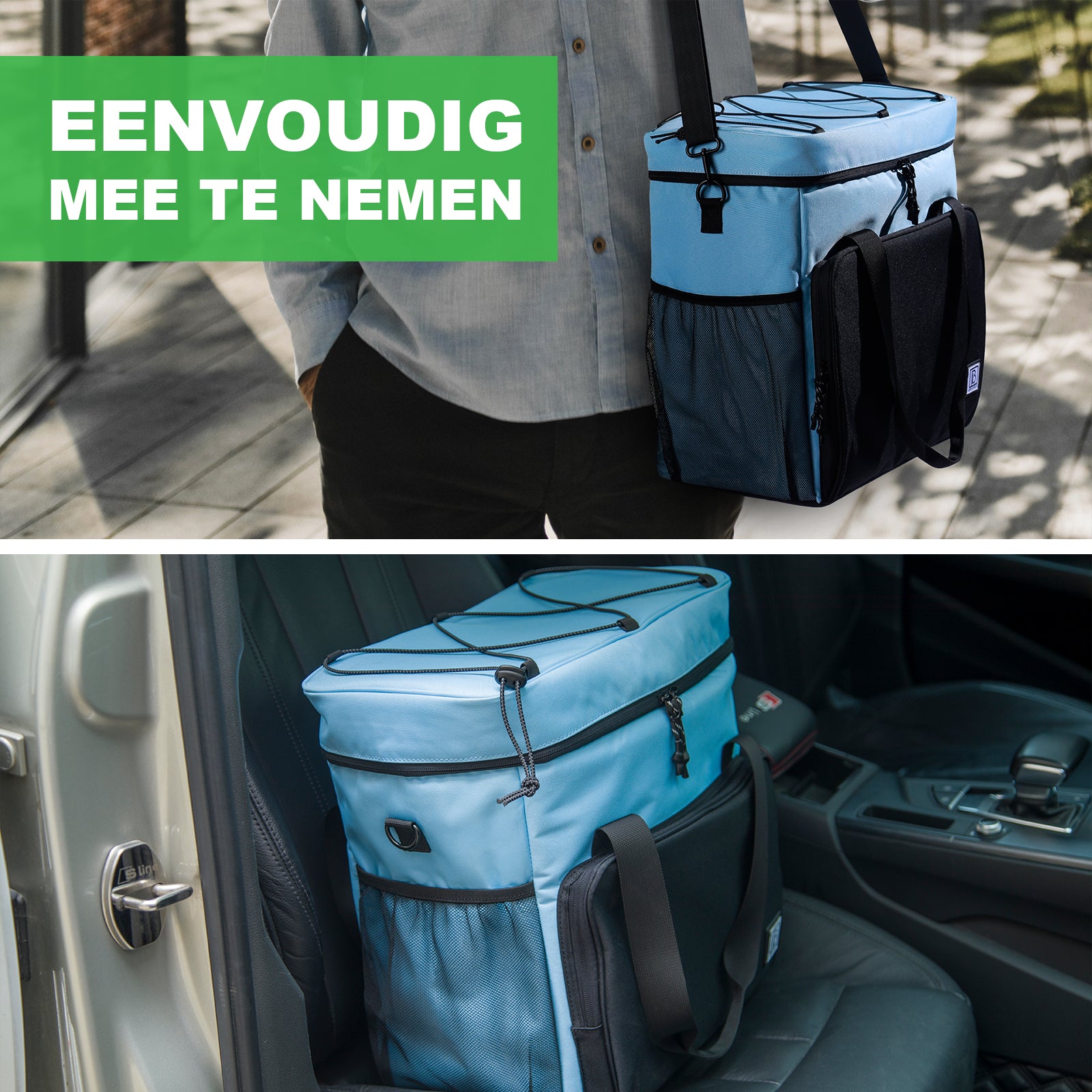 Koeltas 30L zwart-blauw - Lunchtas - 4 laags geïsoleerd - incl. 4 koelelementen