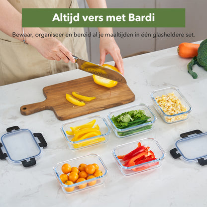 Bardi 5-delige set glazen vershoudbakjes 1060ml - oven- magnetron- en vriezerbestendig, incl. 10 wondersponsen