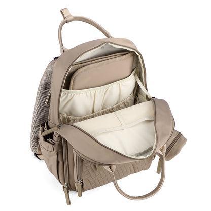 Brisby Premium Luiertas – Uitgebreide en Functionele Verzorgingstas – met buggymontage – Anti Diefstal Vakken - Reistrolley Sleeve - Inclusief verschoonmatje t.w.v.15,99 euro en speenhouder - Levenslange Garantie - Natural Greige
