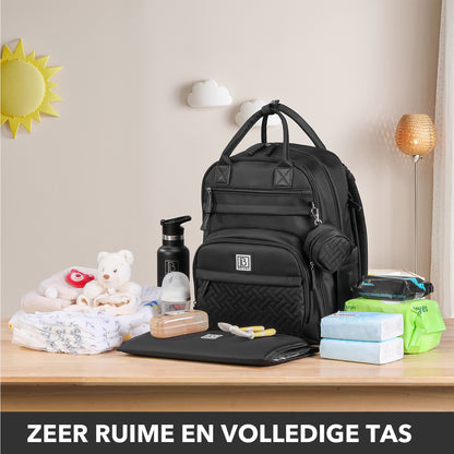 Premium luiertas zwart - uitgebreide en functionele verzorgingstas - met buggymontage - anti diefstal vakken - reistrolley sleeve - incl. verschoonmatje en speenhouder - levenslange garantie