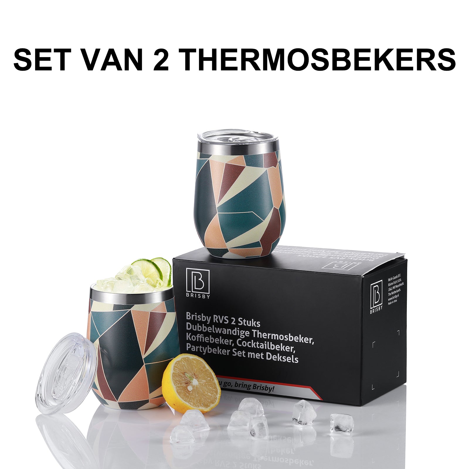 Thermosbeker set abstract colours - 2 bekers met lekvrije deksels - dubbelwandig - 360ml