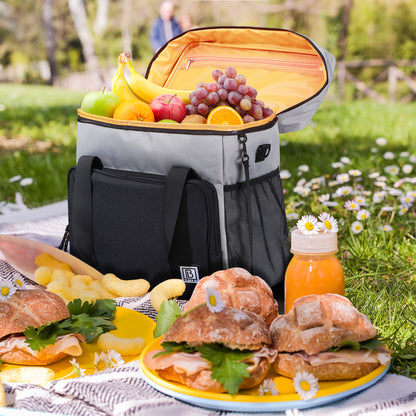 Koeltas 30L zwart-grijs-oranje - Lunchtas - 4 laags geïsoleerd - incl. 4 koelelementen