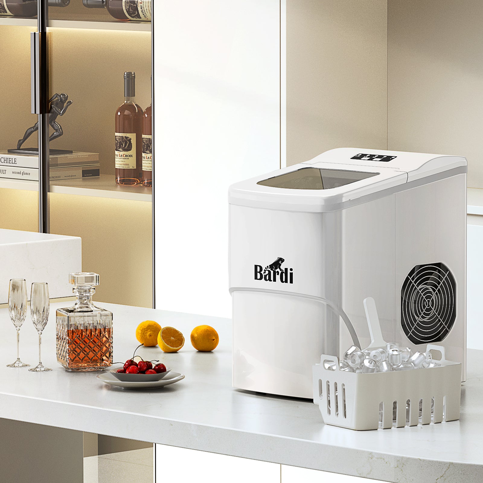 Bardi IJsblokjesmachine Set - 2 Liter - 12KG IJsblokjes in 24 uur - met IJsschep - Inclusief 1 Luxe Thermosbeker - Wit - Citruspers RVS