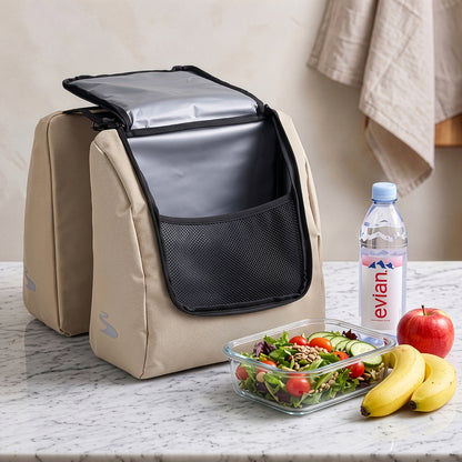 Brisby Dubbele Fietstas 28 Liter – Koeltas en Lunchtas – 4-laags Geïsoleerd – Voor Gewone en Elektrische Fiets – Waterafstotend met Waterdichte Ritsen – Natural Champagne