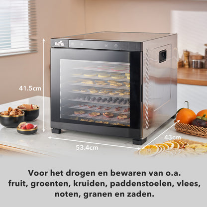 Bardi Voedseldroger 10-laags 1000W RVS - 24-uurs timer - led-bedieningspaneel - incl. 10 inlegvellen en voedseltang