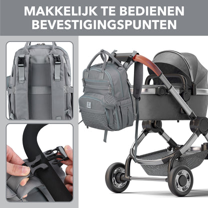 Brisby Premium Luiertas – Uitgebreide en Functionele Verzorgingstas – met buggymontage – Anti Diefstal Vakken - Reistrolley Sleeve - Inclusief verschoonmatje t.w.v.15,99 euro en speenhouder - Levenslange Garantie - Misty Grey