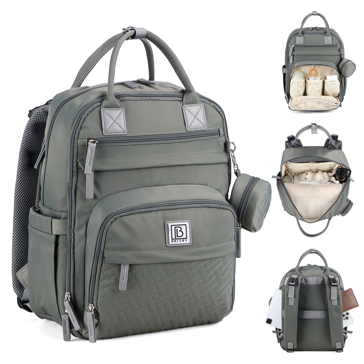 Brisby Premium Luiertas – Uitgebreide en Functionele Verzorgingstas – met buggymontage – Anti Diefstal Vakken - Reistrolley Sleeve - Inclusief verschoonmatje t.w.v.15,99 euro en speenhouder - Levenslange Garantie - Misty Green
