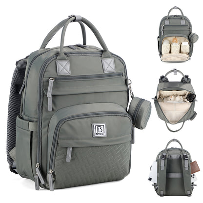 Brisby Premium Luiertas – Uitgebreide en Functionele Verzorgingstas – met buggymontage – Anti Diefstal Vakken - Reistrolley Sleeve - Inclusief verschoonmatje t.w.v.15,99 euro en speenhouder - Levenslange Garantie - Misty Green