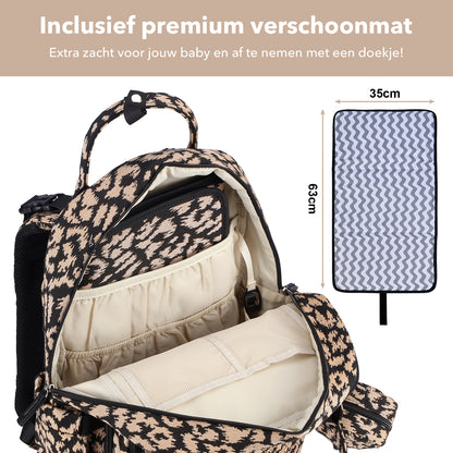 Brisby Premium Luiertas – Uitgebreide en Functionele Verzorgingstas – met buggymontage – Anti Diefstal Vakken - Reistrolley Sleeve - Inclusief verschoonmatje t.w.v.15,99 euro en speenhouder - Levenslange Garantie - Leo