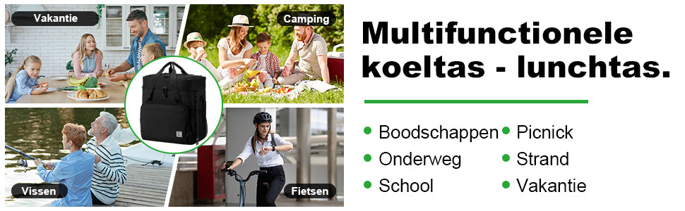 Koeltas 40L zwart met grijze binnenzijde - Lunchtas - 4-laags geïsoleerd - 6 gratis koelelementen - incl. schouderband