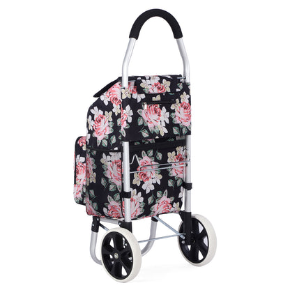 Packaway Boodschappentrolley 45L met Koelvak - Boodschappenwagen met Grote Wielen - Steekwagenfunctie - Waterafstotend - Black Flower