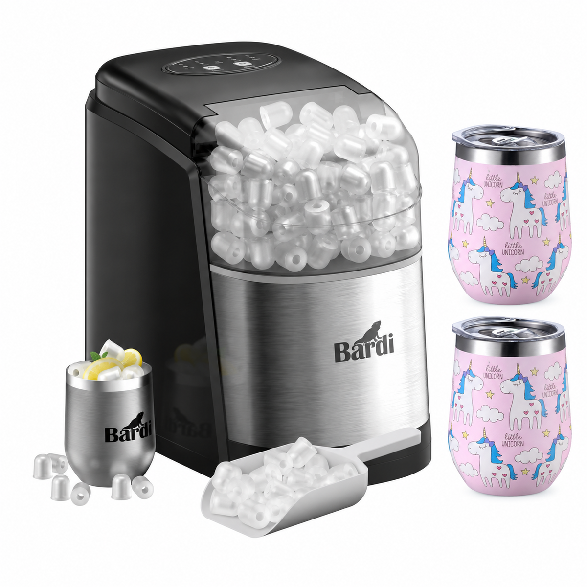 Bardi IJsblokjesmachine set 1,6L RVS - incl. 3 thermoscups eenhoorn en ijsschep