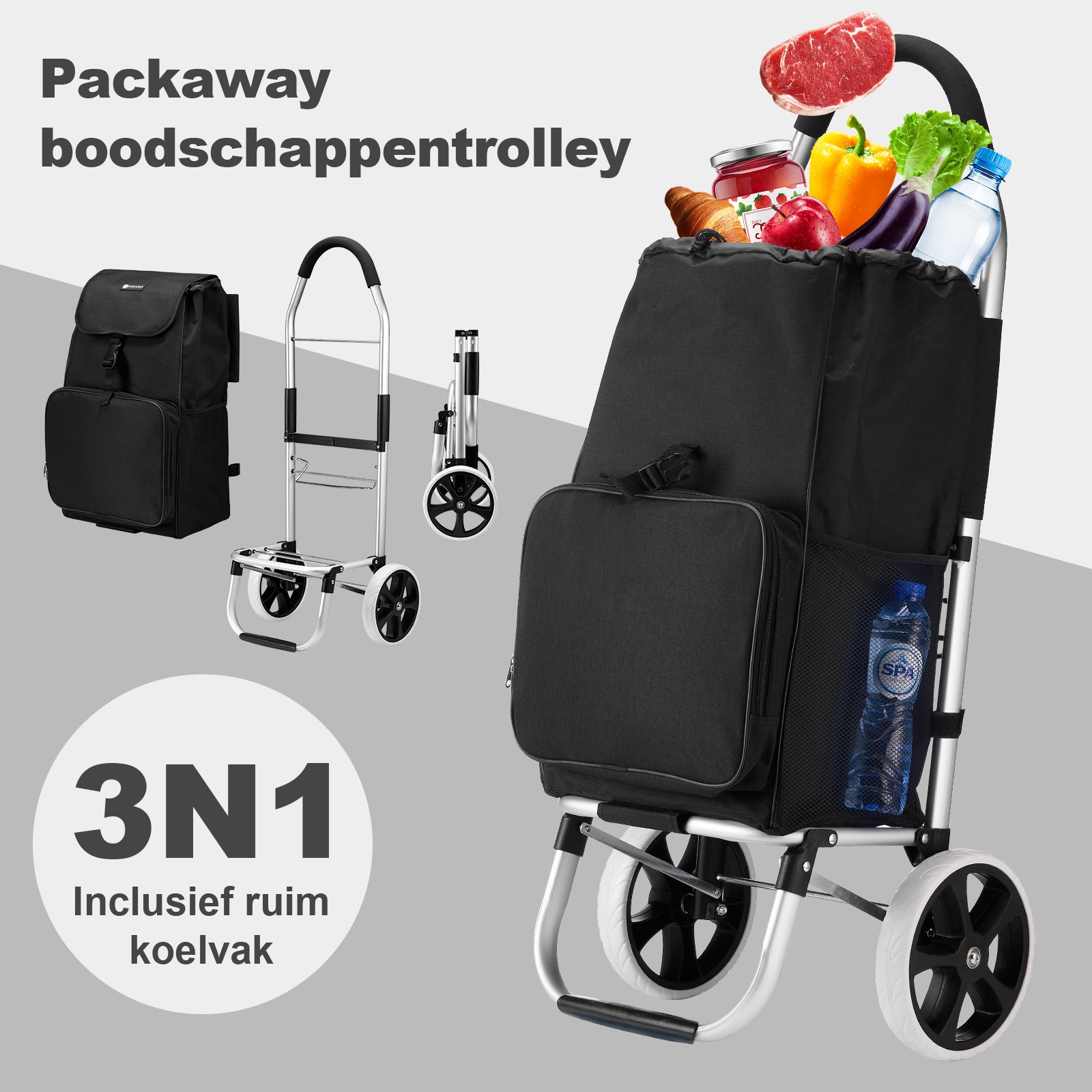 Boodschappentrolley 45L zwart - winkelwagen ophanging - opvouwbaar - telescopisch handvat