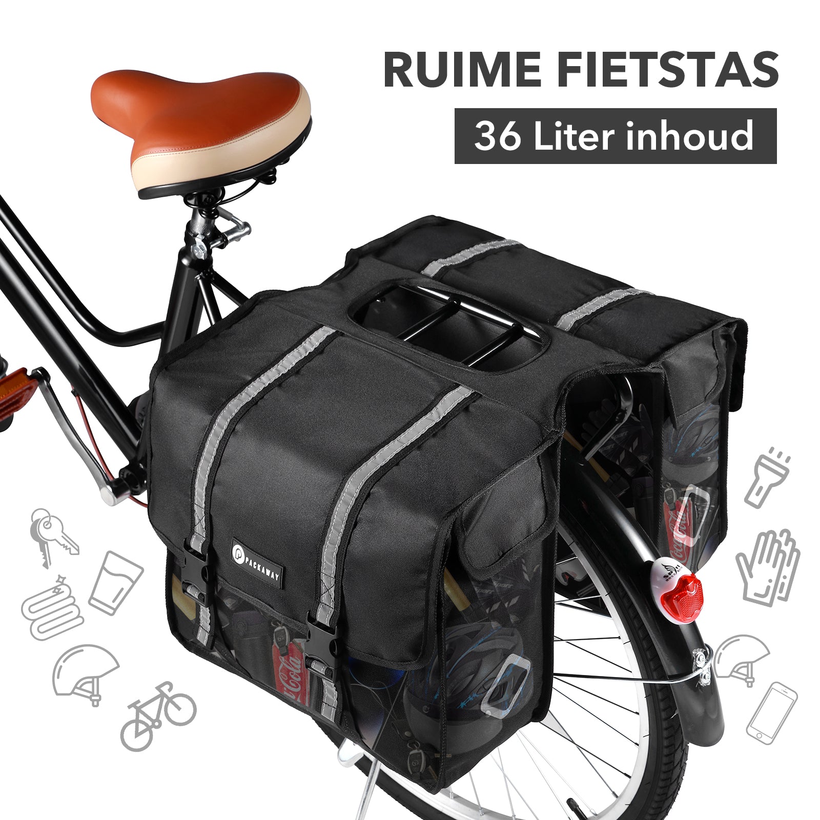 Packaway Dubbele Fietstassen - Waterdicht Fietstassen Elektrische Fiets - Reflectie - Zwart 36 Liter