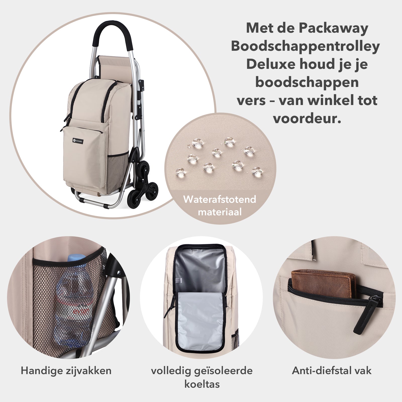 Packaway 35L Boodschappentrolley met 6 Wielen voor Trappen - Klapstoel Functie - Steekwagen Functie - Geïsoleerd - Afneembare Rugzak - Champagne
