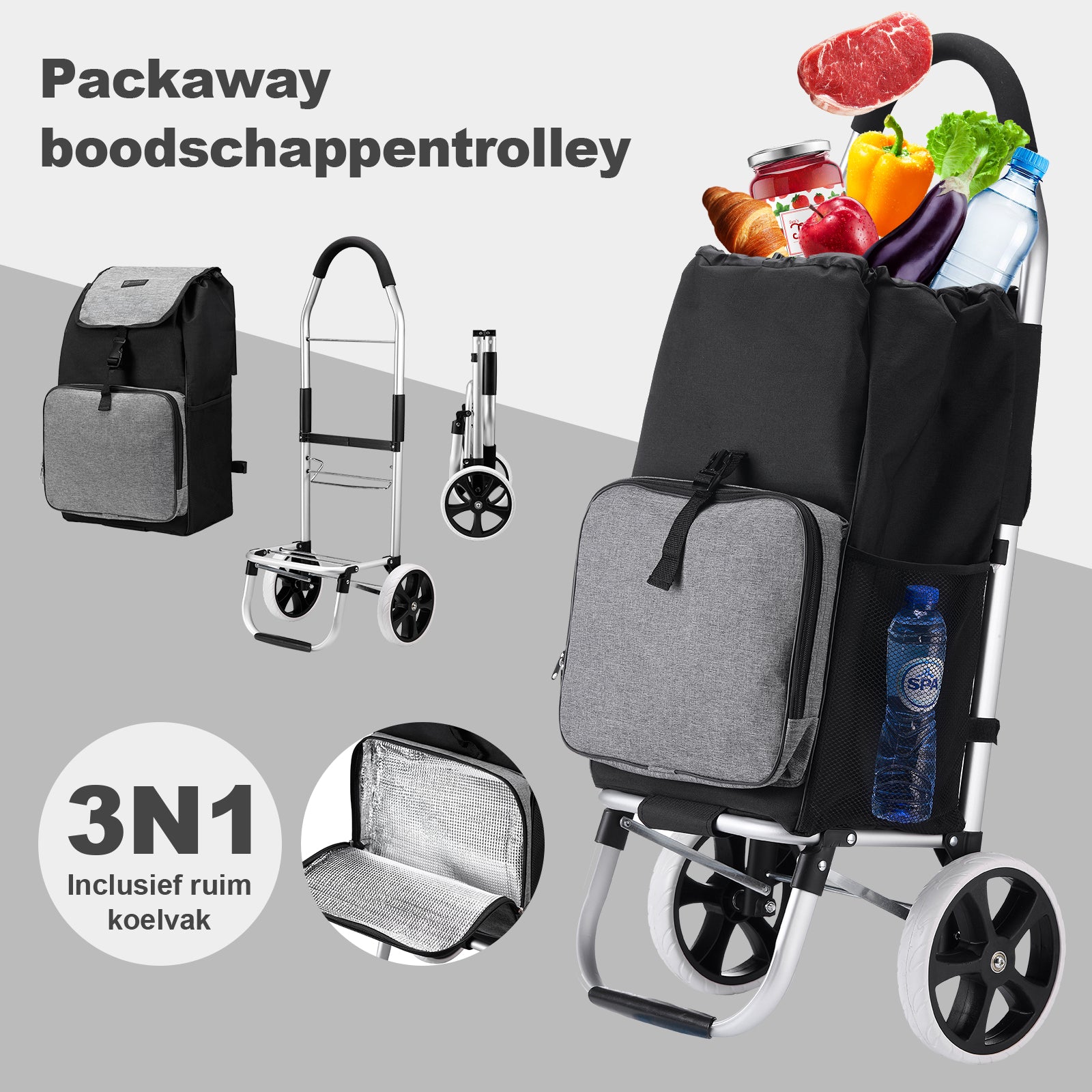 Boodschappentrolley 45L zwart en grijs - winkelwagen ophanging - opvouwbaar - telescopisch handvat