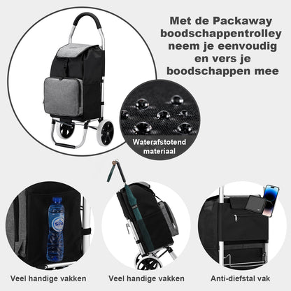 Boodschappentrolley 45L zwart en grijs - winkelwagen ophanging - opvouwbaar - telescopisch handvat