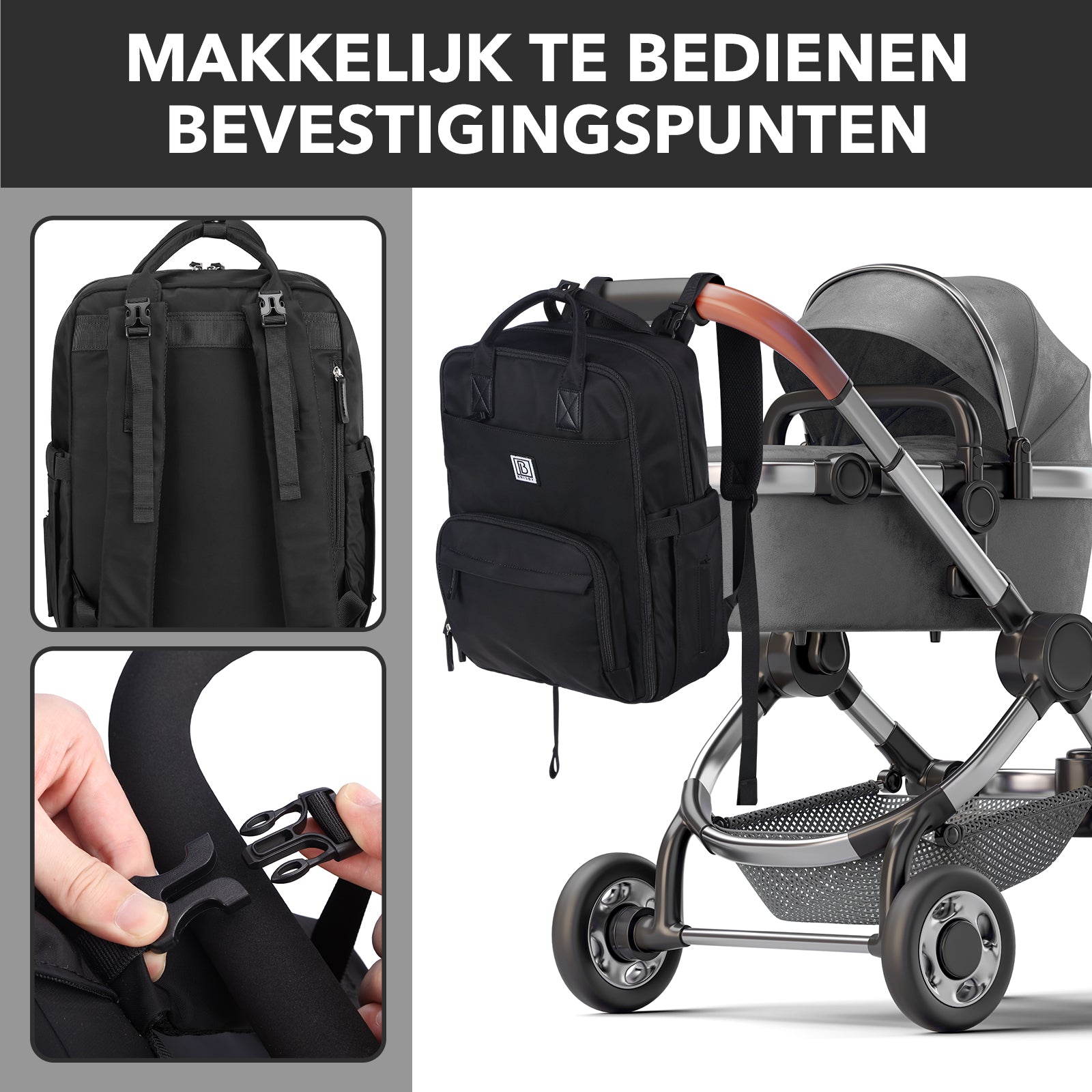Brisby slijtvaste Luiertas – verzorgingstas – met buggymontage - Signature Black