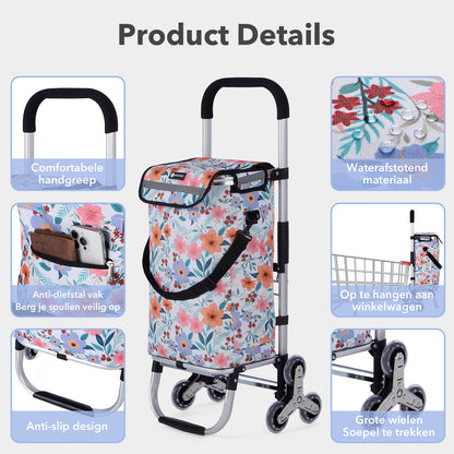 Packaway Boodschappentrolley met Trapwielen 40 Liter - Opvouwbare Boodschappenwagen met ruim Koelvak - Pastel Blossom