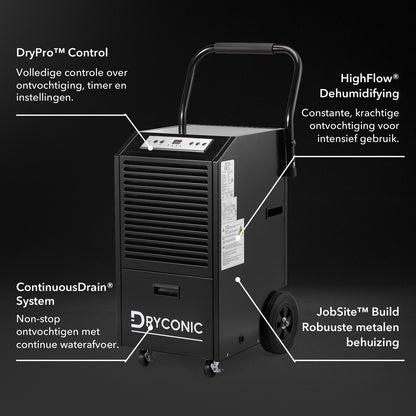 Dryconic Bouwdroger 70L - professioneel - 5,5L watertank - ContinuousDrain - Auto-Defrost - JobSite metaal