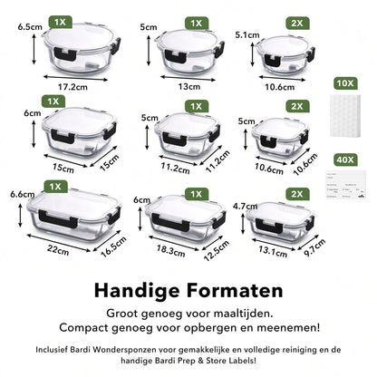 Bardi 12-Delige Glazen Vershoudbakjes – Meal Prep Bakjes Glas met Deksel – BPA & PFAS Vrij – Luchtdicht – Incl. 40 Bardi Prep & Store Labels + 10 Wondersponzen – 6,79L