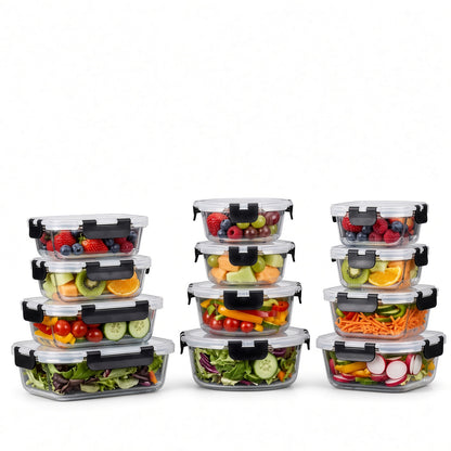 Bardi 12-Delige Glazen Vershoudbakjes – Meal Prep Bakjes Glas met Deksel – BPA & PFAS Vrij – Luchtdicht – Incl. 40 Bardi Prep & Store Labels + 10 Wondersponzen – 6,79L