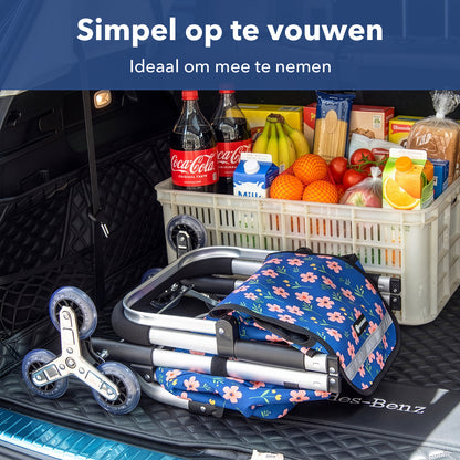 Packaway Boodschappentrolley met Trapwielen 40 Liter - Opvouwbare Boodschappenwagen met ruim Koelvak - Blue Blossom