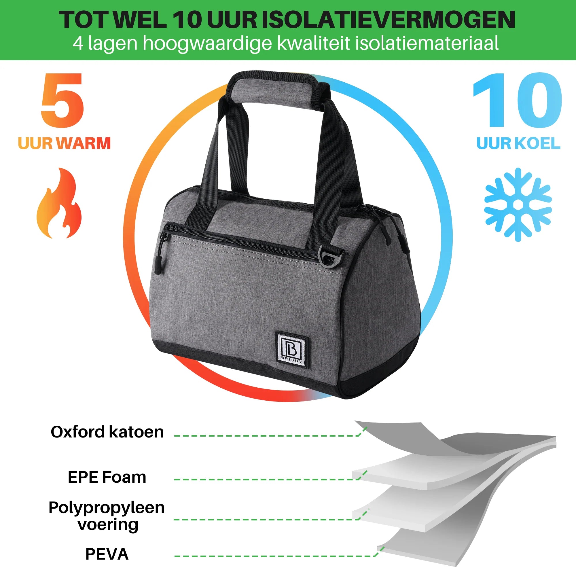 Koeltas 10L donkergrijs -  Lunchtas - 4-laags geïsoleerd - 2 gratis koelelementen - incl. schouderband