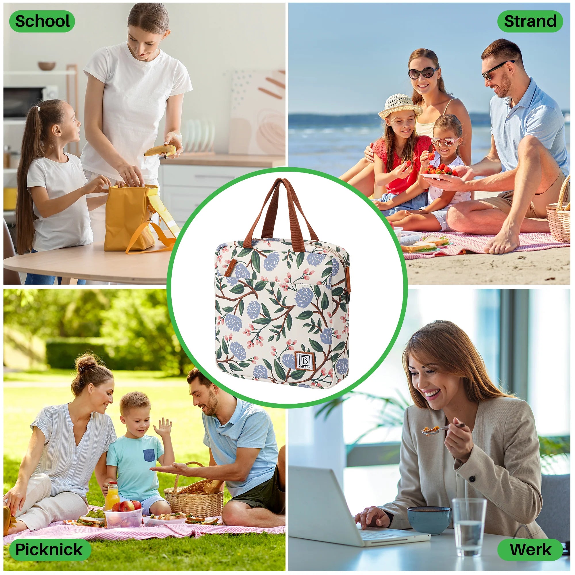 Koeltas 7L zwarte bloemen - Lunchtas - 4-laags geïsoleerd - 2 gratis koelelementen - incl. schouderband