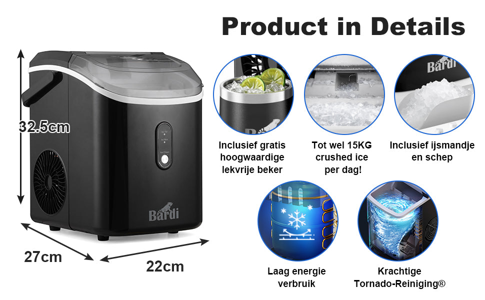 Bardi 1.1L - Nugget IJsblokjesmachine Rond - Crushed Ice Maker met IJsschep - 15kg/24 uur - Ijsblokjesmaker - Met Luxe Thermosbeker - Zwart - Citruspers Zwart