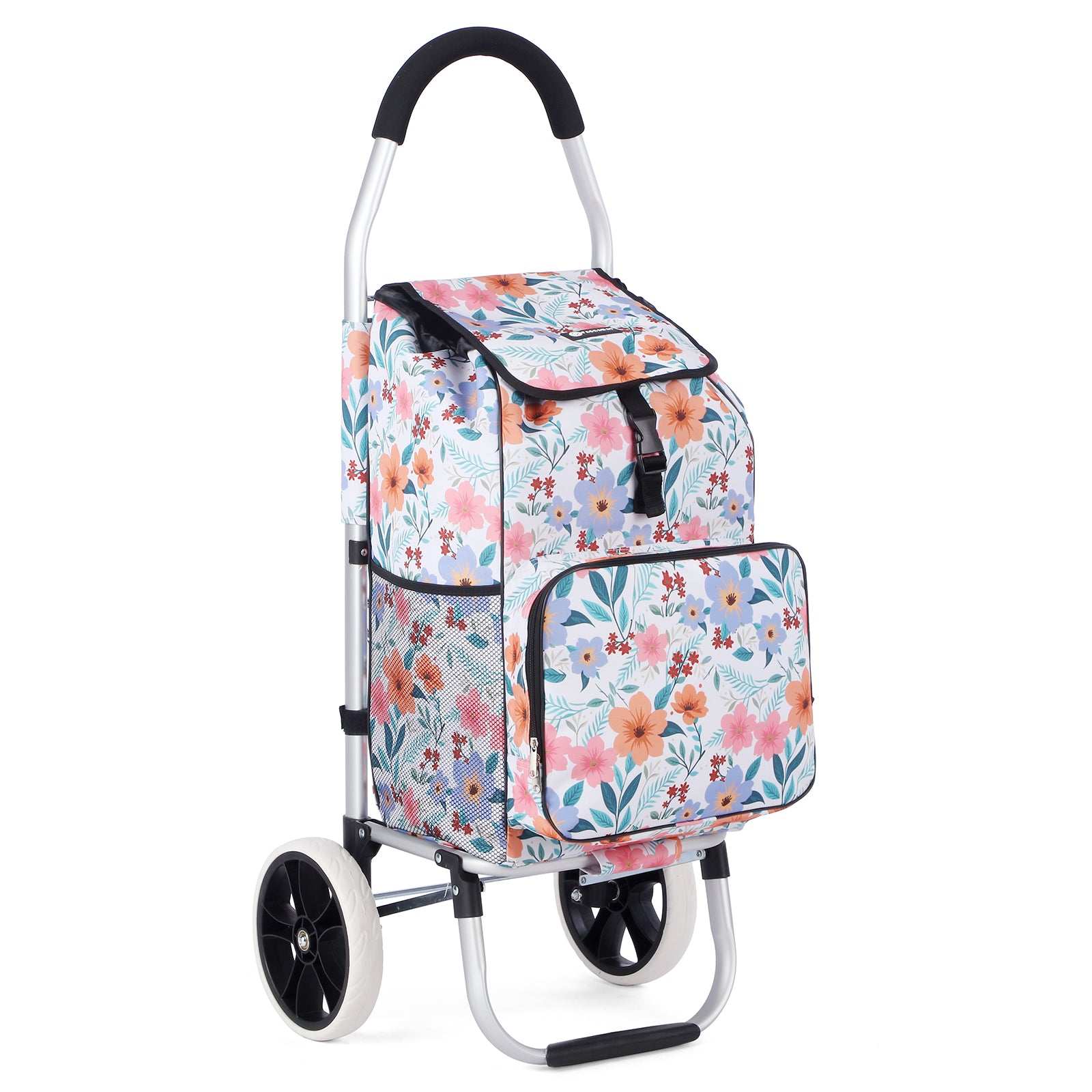 Packaway Boodschappentrolley 45L met Koelvak - Boodschappenwagen met Grote Wielen - Steekwagenfunctie - Waterafstotend - Pastel Blossom
