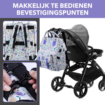 Stayopen diaper bag purple flower - care bag - stay-open frame - USB charging function - incl. buggy mounting and changing mat