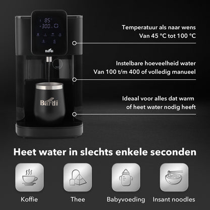 Bardi Heetwaterdispenser 4L zwart met STRIX filter - incl. thermoscup + onderzetter